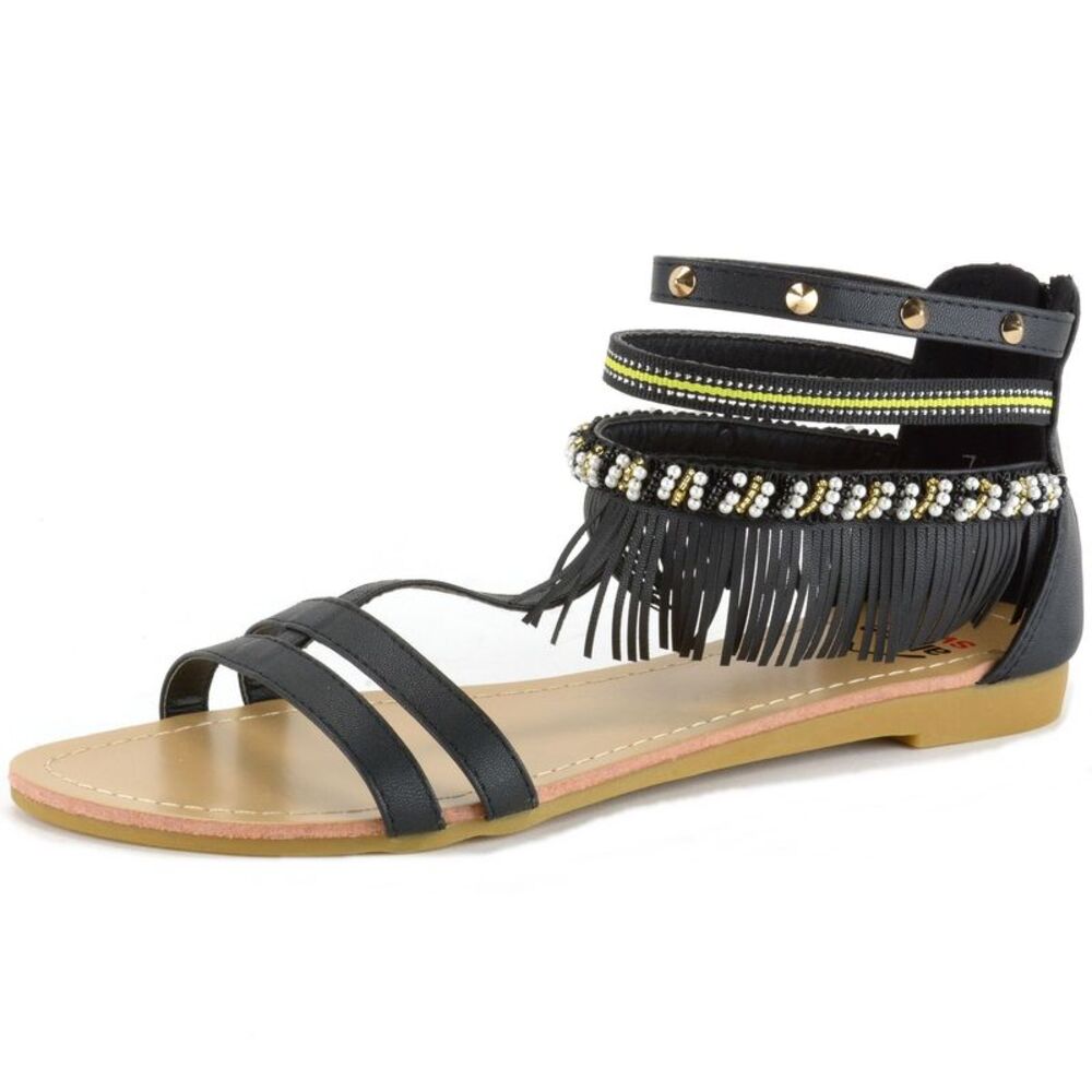 Alpine Swiss Womens Fringe Sandals Beaded & Studded Strappy Gladiator Ankle Flat